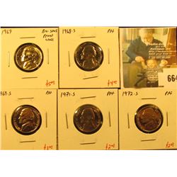 Group of (5) PROOF Jefferson Nickels, 1967 BU/SMS (proof-like), 1968-S, 1969-S, 1971-S, 1972-S, grou