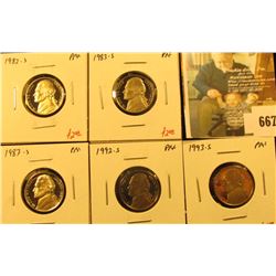 Group of (5) PROOF Jefferson Nickels, 1982-S, 1983-S, 1987-S, 1992-S, 1993-S, group value $14+