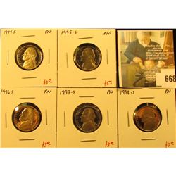 Group of (5) PROOF Jefferson Nickels, 1994-S, 1995-S, 1996-S, 1997-S, 1998-S, group value $17+