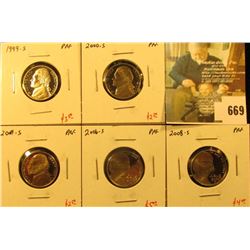 Group of (5) PROOF Jefferson Nickels, 1999-S, 2000-S, 2001-S, 2006-S, 2008-S, group value $17+