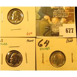 (3) Silver PROOF Roosevelt Dimes, 1962, 1963, 1964, group value $15