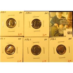 (5) PROOF Roosevelt Dimes, 1973-S, 1974-S, 1975-S, 1976-S, 1977-S, group value $11+