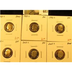 (6) PROOF Roosevelt Dimes, 1983-S, 1987-S, 1993-S, 2008-S, 2013-S, 2015-S, group value $18+