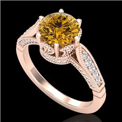 2.2 CTW Intense Fancy Yellow Diamond Engagement Art Deco Ring 18K Rose Gold - REF-336H4A - 38093