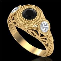 1.06 CTW Fancy Black Diamond Solitaire Art Deco 3 Stone Ring 18K Yellow Gold - REF-123K6W - 37494