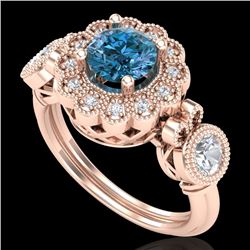 1.5 CTW Intense Blue Diamond Solitaire Art Deco 3 Stone Ring 18K Rose Gold - REF-218H2A - 37853