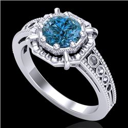 1 CTW Intense Blue Diamond Solitaire Engagement Art Deco Ring 18K White Gold - REF-200M2H - 37446