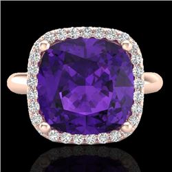 6 CTW Amethyst & Micro Pave Halo VS/SI Diamond Ring Solitaire 14K Rose Gold - REF-49F3N - 23092