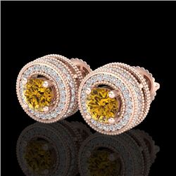 2.09 CTW Intense Fancy Yellow Diamond Art Deco Stud Earrings 18K Rose Gold - REF-218Y2K - 38016