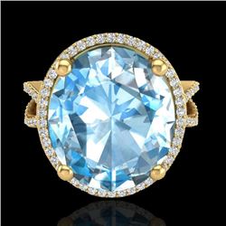 12 CTW Sky Blue Topaz & Micro Pave VS/SI Diamond Halo Ring 18K Yellow Gold - REF-84W2F - 20956