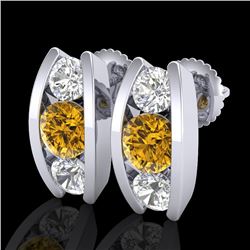 2.18 CTW Intense Fancy Yellow Diamond Art Deco Stud Earrings 18K White Gold - REF-254X5T - 37770