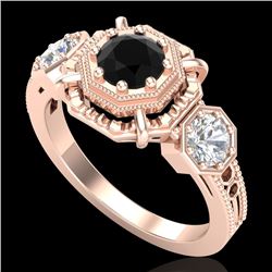 1.01 CTW Fancy Black Diamond Solitaire Art Deco 3 Stone Ring 18K Rose Gold - REF-96T4M - 37465