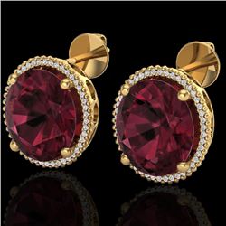 20 CTW Garnet & Micro Pave VS/SI Diamond Halo Earrings 18K Yellow Gold - REF-118A2X - 20274