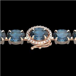 36 CTW London Blue Topaz & VS/SI Diamond Tennis Micro Halo Bracelet 14K Rose Gold - REF-128A9X - 234