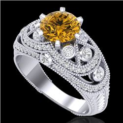 2 CTW Intense Yellow Diamond Solitaire Engagement Art Deco Ring 18K White Gold - REF-309W3F - 37980