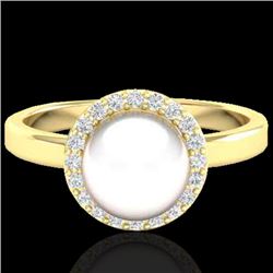 0.25 CTW Micro Pave Halo VS/SI Diamond & White Pearl Ring 18K Yellow Gold - REF-53H6A - 21647