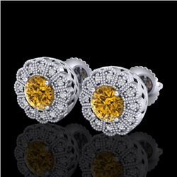 1.32 CTW Intense Fancy Yellow Diamond Art Deco Stud Earrings 18K White Gold - REF-218F2N - 37840