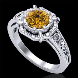 1 CTW Intense Fancy Yellow Diamond Engagement Art Deco Ring 18K White Gold - REF-200K2W - 37448