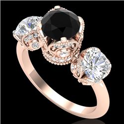 3 CTW Fancy Black Diamond Solitaire Art Deco 3 Stone Ring 18K Rose Gold - REF-318N2Y - 37430