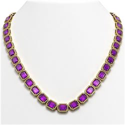 50.99 CTW Amethyst & Diamond Halo Necklace 10K Yellow Gold - REF-677K6W - 41371