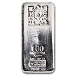 One piece 100 oz 0.999 Fine Silver Bar Republic Metals Corporation-84703