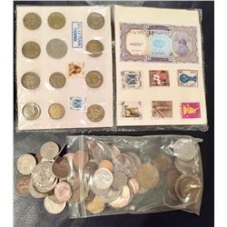 12 Egyptian Coins, 8 Stamps & 1 Bill; Bag of World Coins (Approx. 1 lb.)
