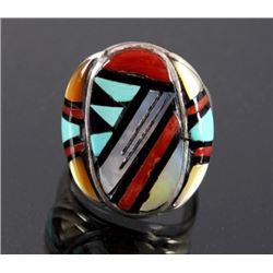 Signed Zuni Sterling Silver Turquoise Mosaic RIng