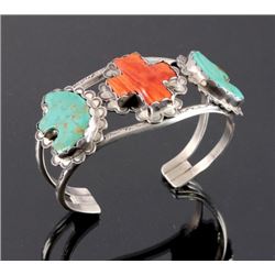 Navajo Sterling Silver Turquoise Coral Cuff