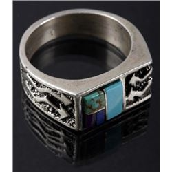 Signed Navajo Mosaic Multi-Stone Silver Ring
