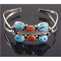 Signed Navajo Morenci Turquoise & Coral Bracelet