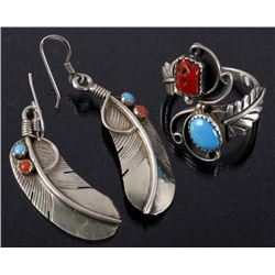 Navajo Pat Platero Ring & Feather Motif Earrings