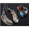 Image 1 : Navajo Pat Platero Ring & Feather Motif Earrings