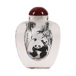 Reverse Painted Glass Perfume/Snuff Bottle "Pandas" Hand Painted and Artist Sign