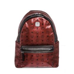 MCM Metallic Burgundy Visetos Coated Canvas Leather Trim Stark Medium Backpack