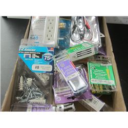 Flat of New Hardware / screws/anchors / surge protector and more
