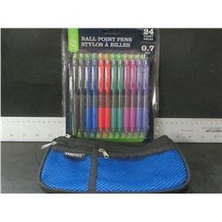 New 24 count Ball Point Pens / assorted colors and new pencil pouch
