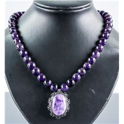 Chinese Purple Hardstone Necklace w/ Oval Pendant