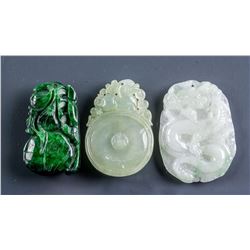 3 Assorted Burma Green Jadeite Carved Pendants