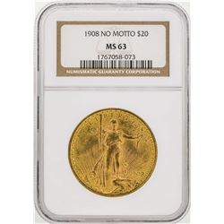 1908 No Motto $20 Saint Gaudens Double Eagle Gold Coin NGC MS63