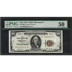 1929 $100 Federal Bank of Minneapolis Fr.1890-I Note PMG About Uncirculated 50