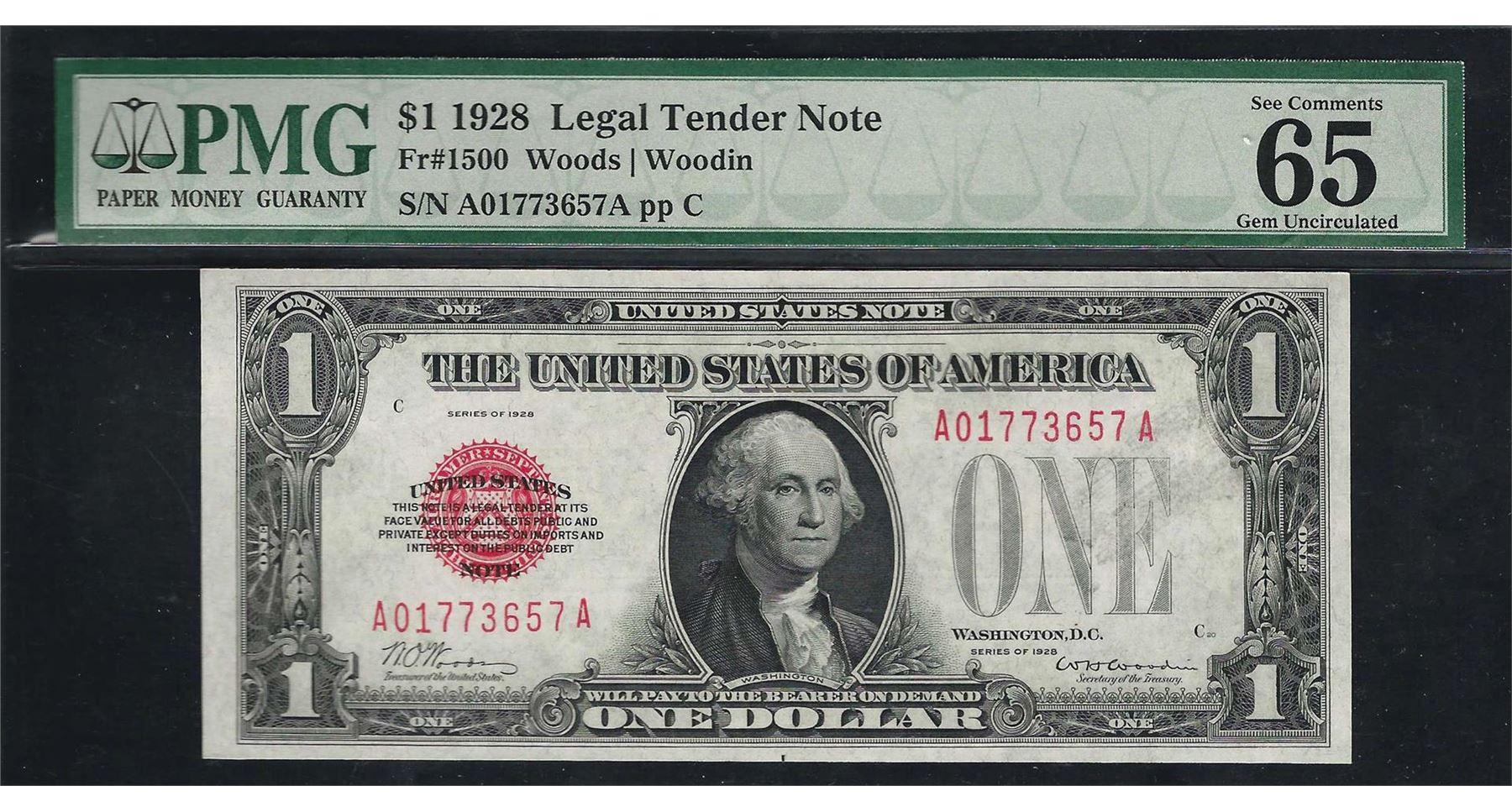 1928 $1 Legal Tender Note Fr.1500 PMG Gem Uncirculated 65EPQ
