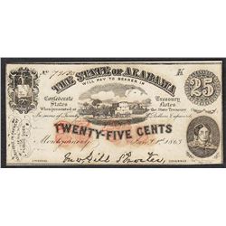 1863 Twenty Five Cents The State of Alabama Obsolete Note