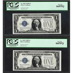 Lot of (2) Consecutive 1928B $1 Funnyback Silver Certificate Notes PCGS Gem New
