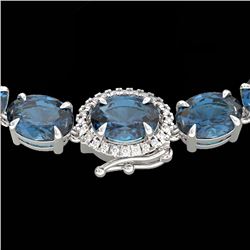 45.25 CTW London Blue Topaz & VS/SI Diamond Tennis Micro Halo Necklace 14K White Gold - REF-236T4M -