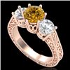 Image 1 : 2.01 CTW Intense Fancy Yellow Diamond Art Deco 3 Stone Ring 18K Rose Gold - REF-343N6Y - 37582