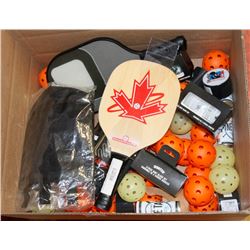 LARGE BOX OF ASSORTED SPORTS ACCESSORIES INCLUDING