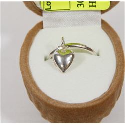30) STERLING SILVER RING WITH HEART SHAPED DANGLE