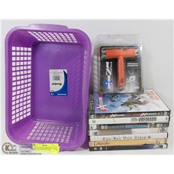 7 SKATE/SURF/SNOWBOARD DVDS WITH SKATEBOARD TOOL.