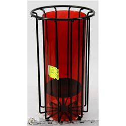 RED AND WROUGHT IRON TALL PILLAR CANDLE HOLDER