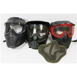 LOT OF 3 PAINTBALL MASKS AND ONE FACE SHIELD